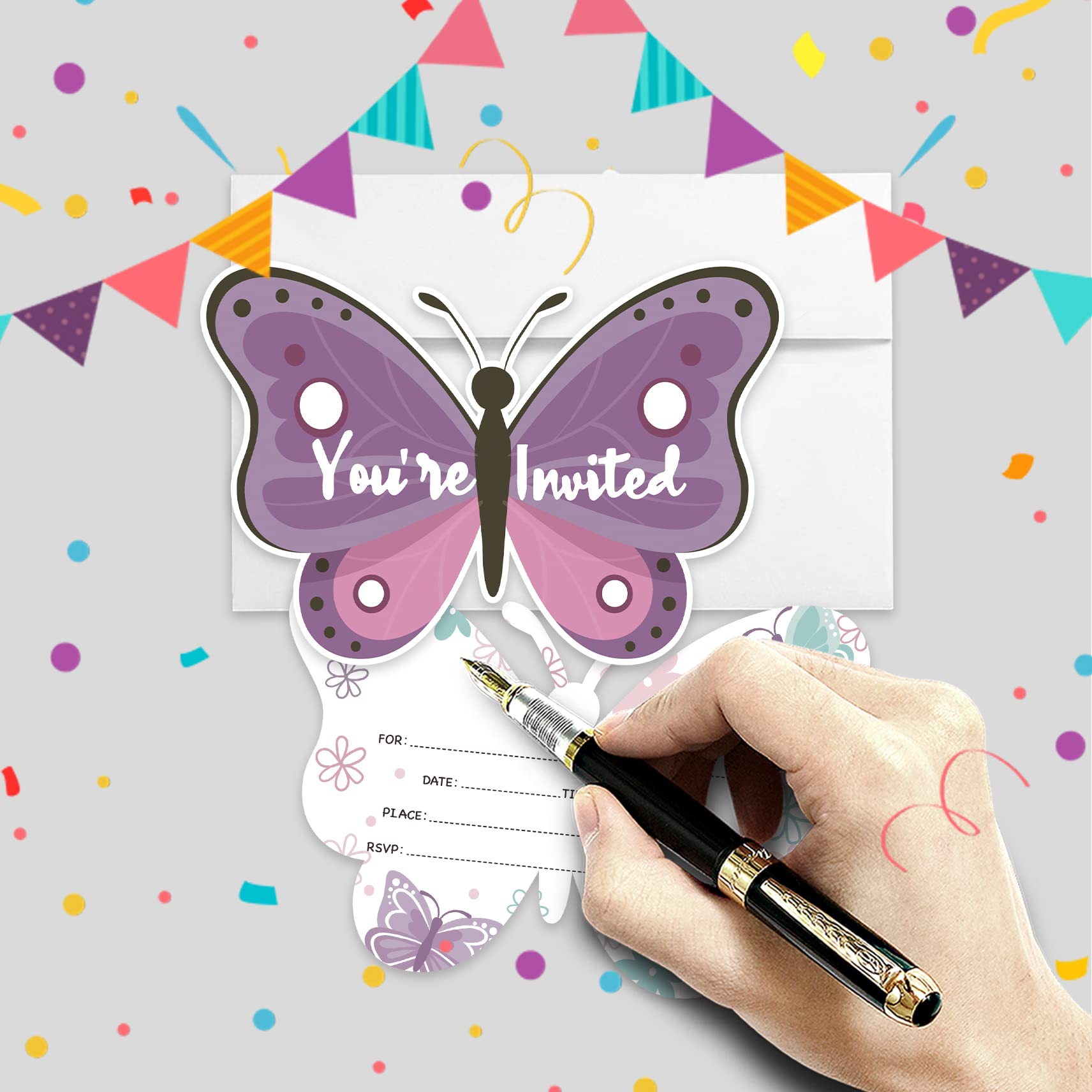 20 Sets Butterfly Shaped Fill-In Invitations With Envelopes,Floral Baby Shower or Birthday Party Invitations Invite Cards for Boys Girls Teens Kids,Butterfly Birthday Baby Shower Bridal Shower Invites