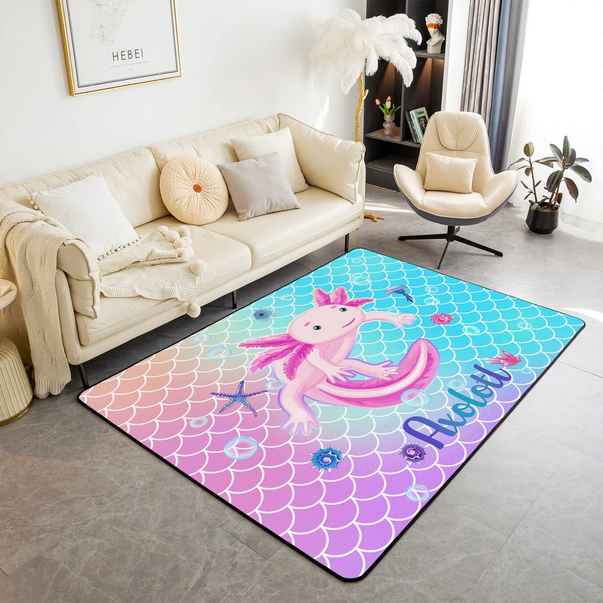 Axolotl Area Rug 5x7 for Bedroom Living Room, Kawaii Rainbow Axolotl Washable Rug, Gradient Fish Scales Carpet Runner Non Slip, Girls Ocean Life Starfish Decorative Accent Rug, Non Shedding