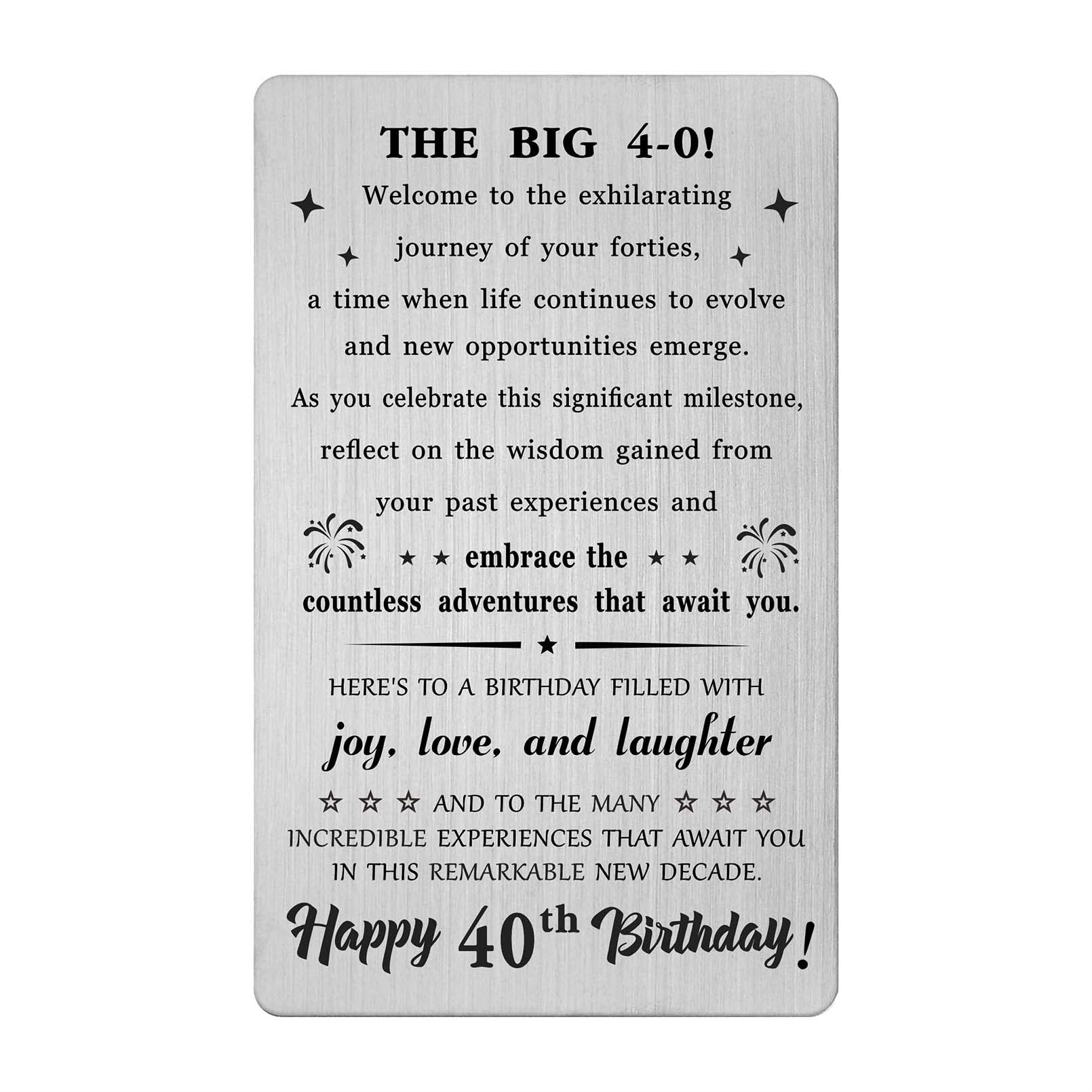 BAZLJY 40th Birthday Card - 40th Birthday Gifts for Men Women - 40 Year Old Birthday Engraved Steel Wallet Card for Him Her