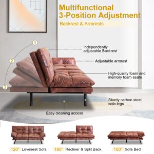 MUUEGM Futon Sofa Bed,Convertible Sofa Bed,Modern Futon Couch,Love Seat Sleeper Daybed with Adjustable Armrests,Memory Foam Futon Sets for Living Room,Offices,Dorm,Studio,Small Space/Brown