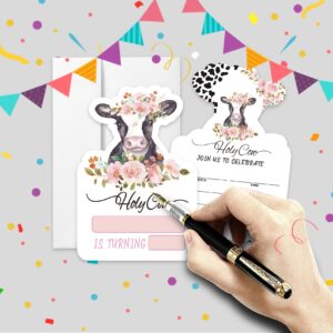 AEHIE 20 Sets Holy Cow Birthday Party Shaped Fill-In Invitations With Envelopes, Floral Baby Cow Birthday Party Invitations Invite Cards for Girls Kids,Cow Print Birthday Party Invites