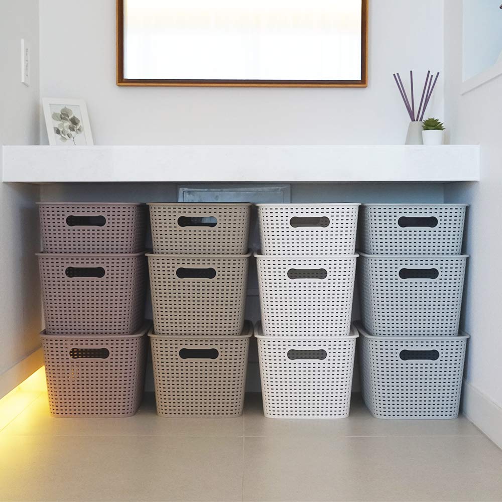 OLLIC Plastic Bins Large Storage with Lids | Korean Organizer Bin Basket Set for Organizing Baskets in Closet and Home (GRAY, LARGE_4PK)