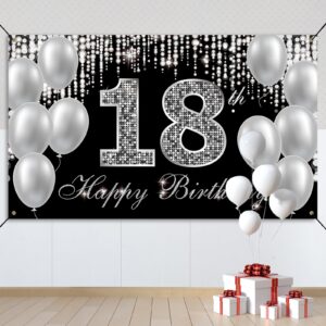 HTDZZI 18th Birthday Banner Backdrop, Happy 18th Birthday Decorations for Boys Girls, Black Silver 18 Year Old Birthday Party Yard Sign Photo Props Decorations Supplies for Men Women, Fabric