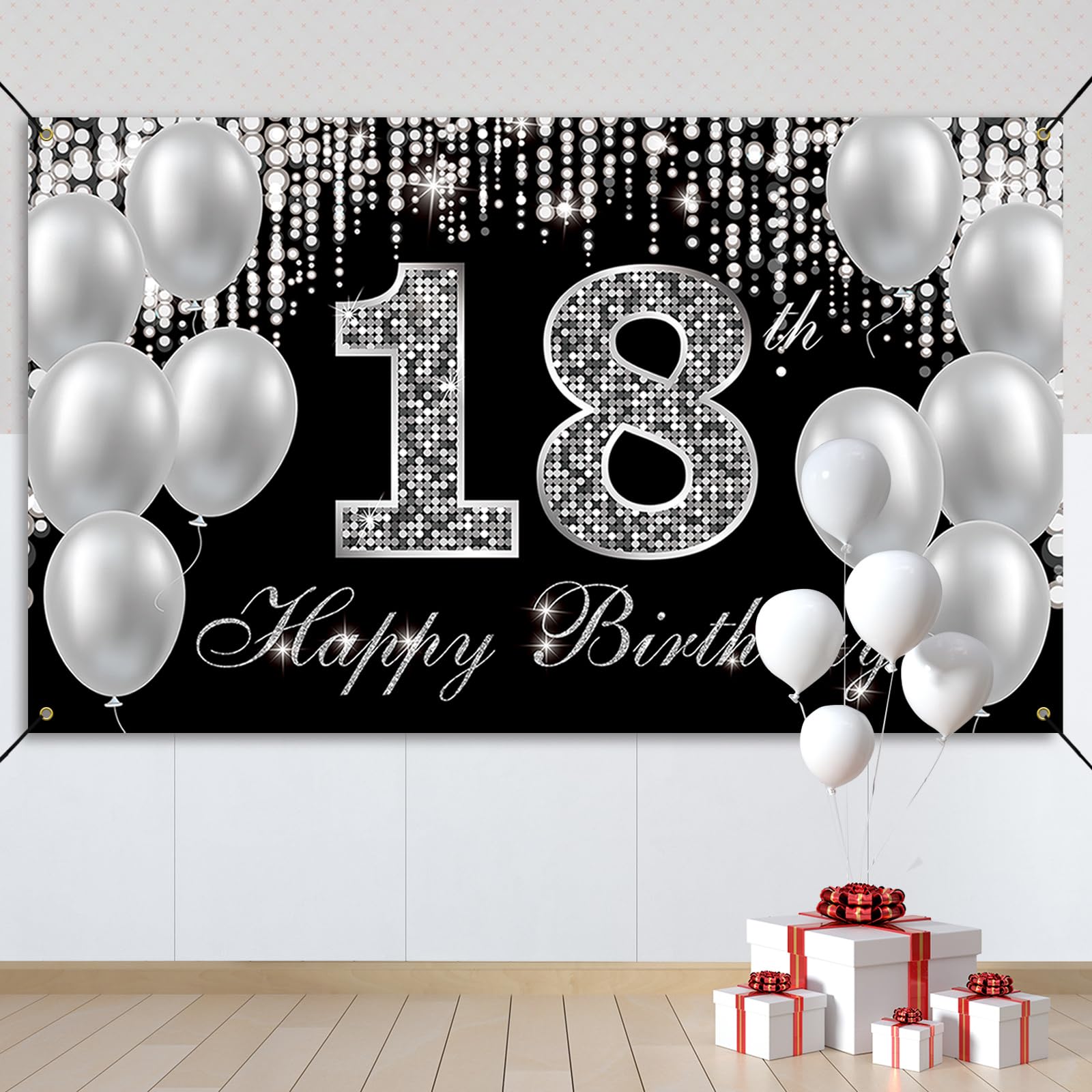 HTDZZI 18th Birthday Banner Backdrop, Happy 18th Birthday Decorations for Boys Girls, Black Silver 18 Year Old Birthday Party Yard Sign Photo Props Decorations Supplies for Men Women, Fabric