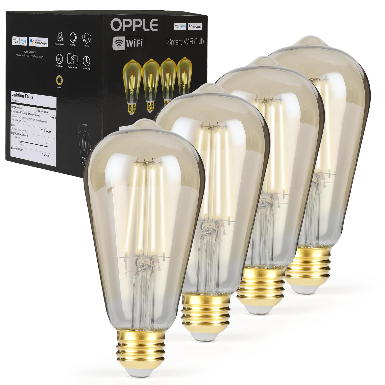 OPPLE Smart LED Filament Bulb, Smart Light Bulbs Bluetooth and WiFi Vintage Filament Light Bulb Work with Alexa & Google Home, ST19 Smart Edison Bulb 2100k 60 Watt Equivalent, No Hub Required, 4 Pack