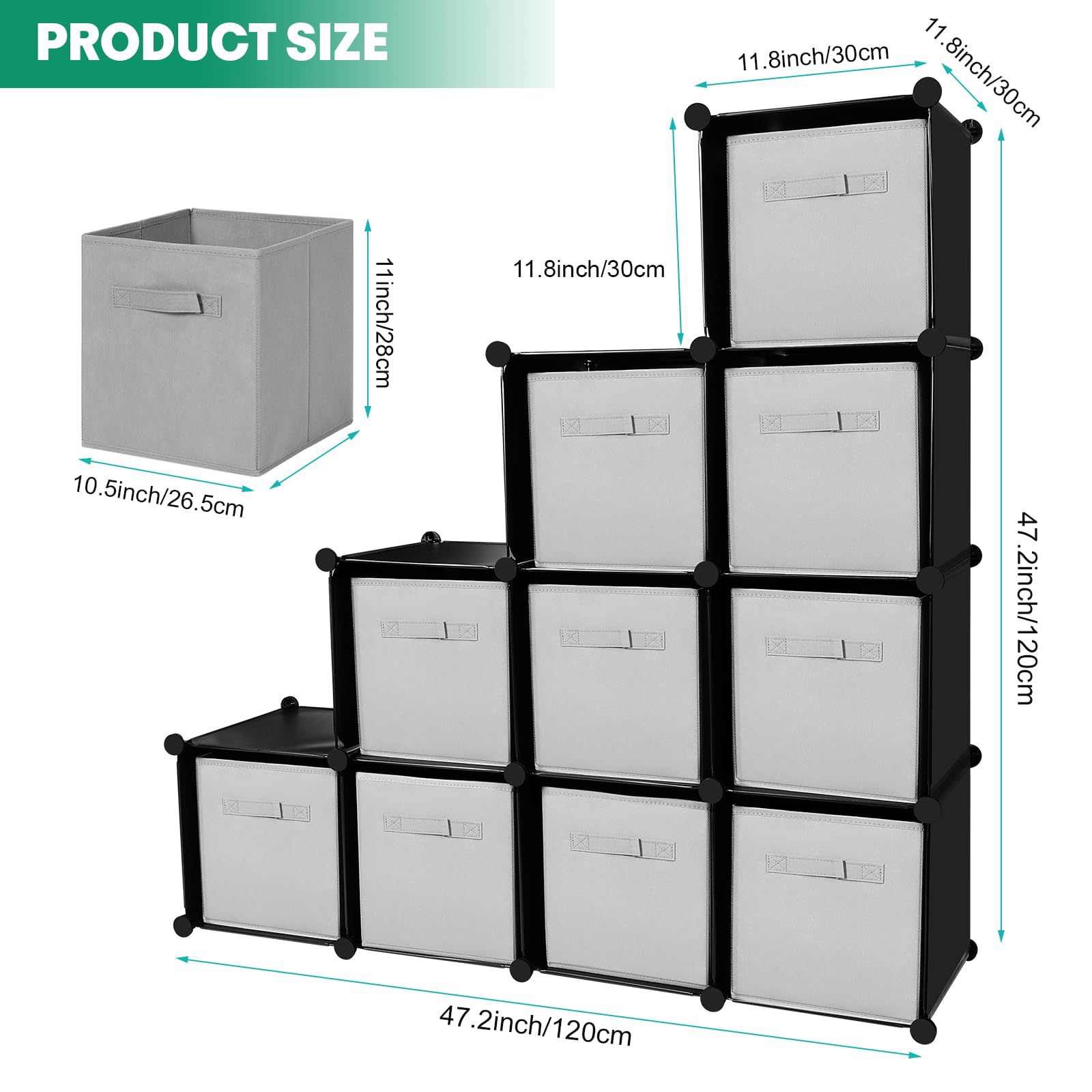 Roshtia 12 Cube Storage Organizer and 12 Collapsible Fabric Storage Cube Bins, Closet Organizer and Storage Shelf DIY Plastic Modular Bookcase Bookshelf Bedroom Garment Racks Home Office, Black, Gray