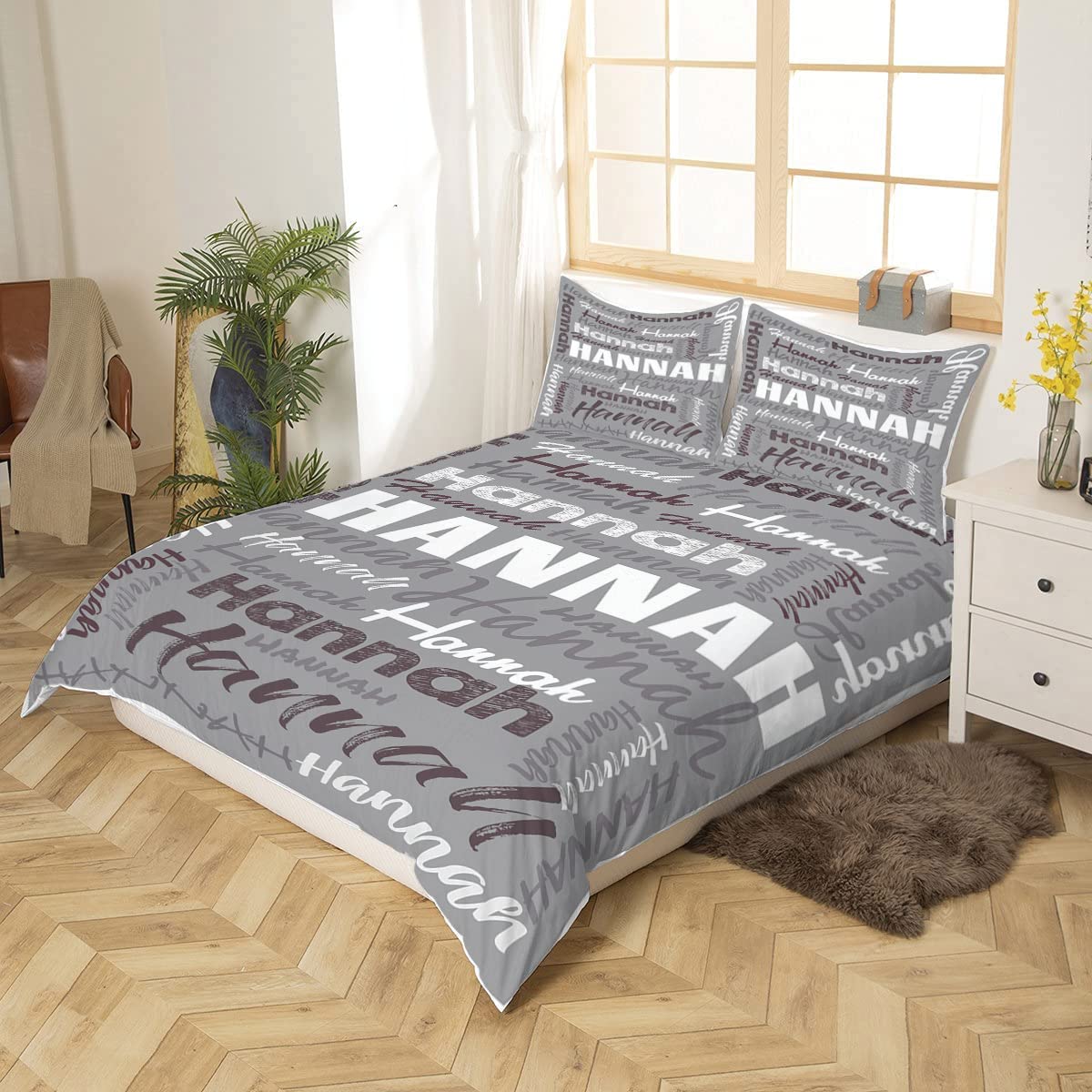 Custom Name Bedding Set, Custom Text Comforter Cover Full Twin Queen King, Custom Name Themed Bedding Personalized Name Duvet, Blanket With Name Decor for Bedroom, Ultra Soft Lightweight (Grey)