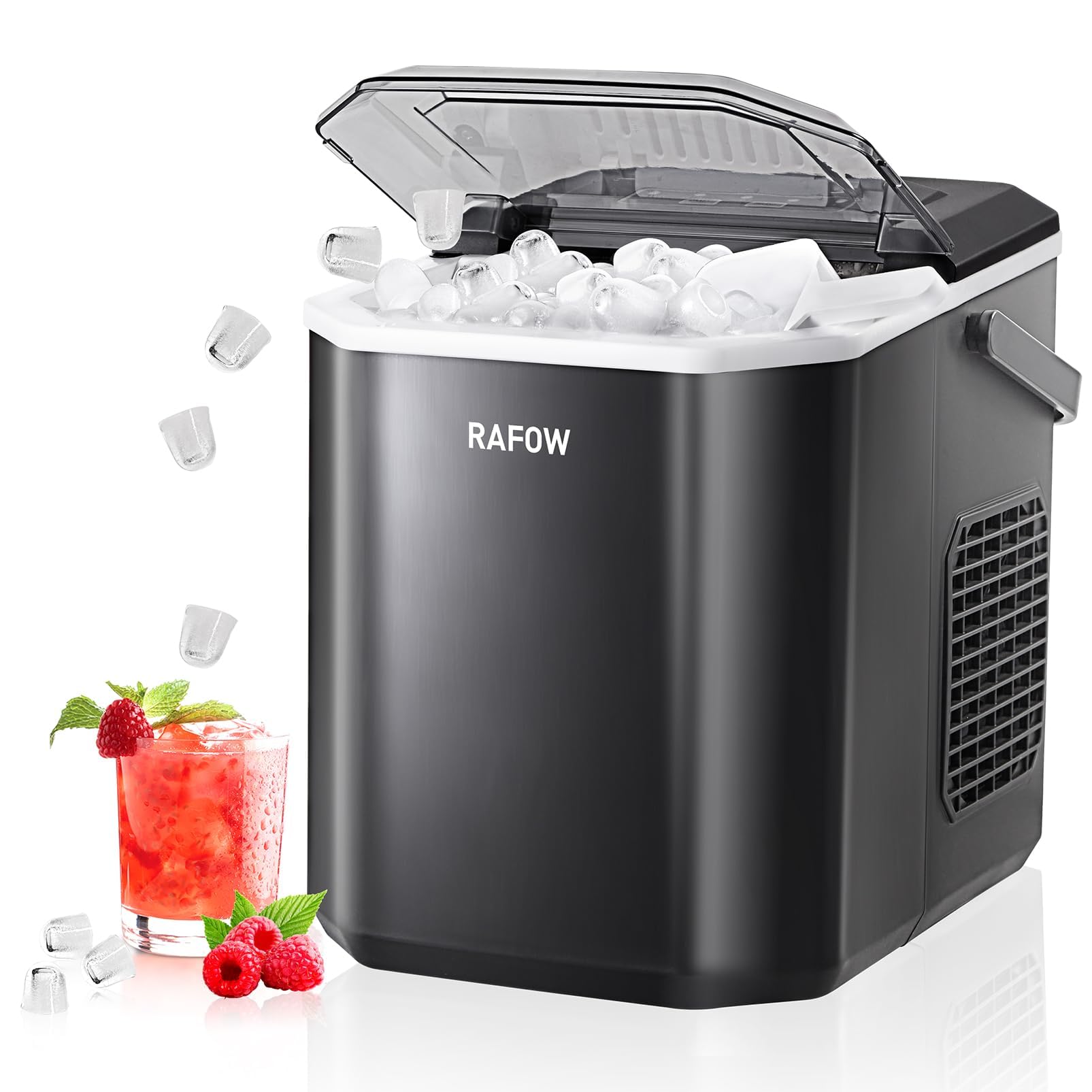 Rafow Ice Maker Countertop - Portable Machine Makes 26 lbs of in 24 Hours, 9 Cubes 6 Minutes, Self-Cleaning Compact Nugget with Scoop and Basket for Home, Kitchen, RV (Black)