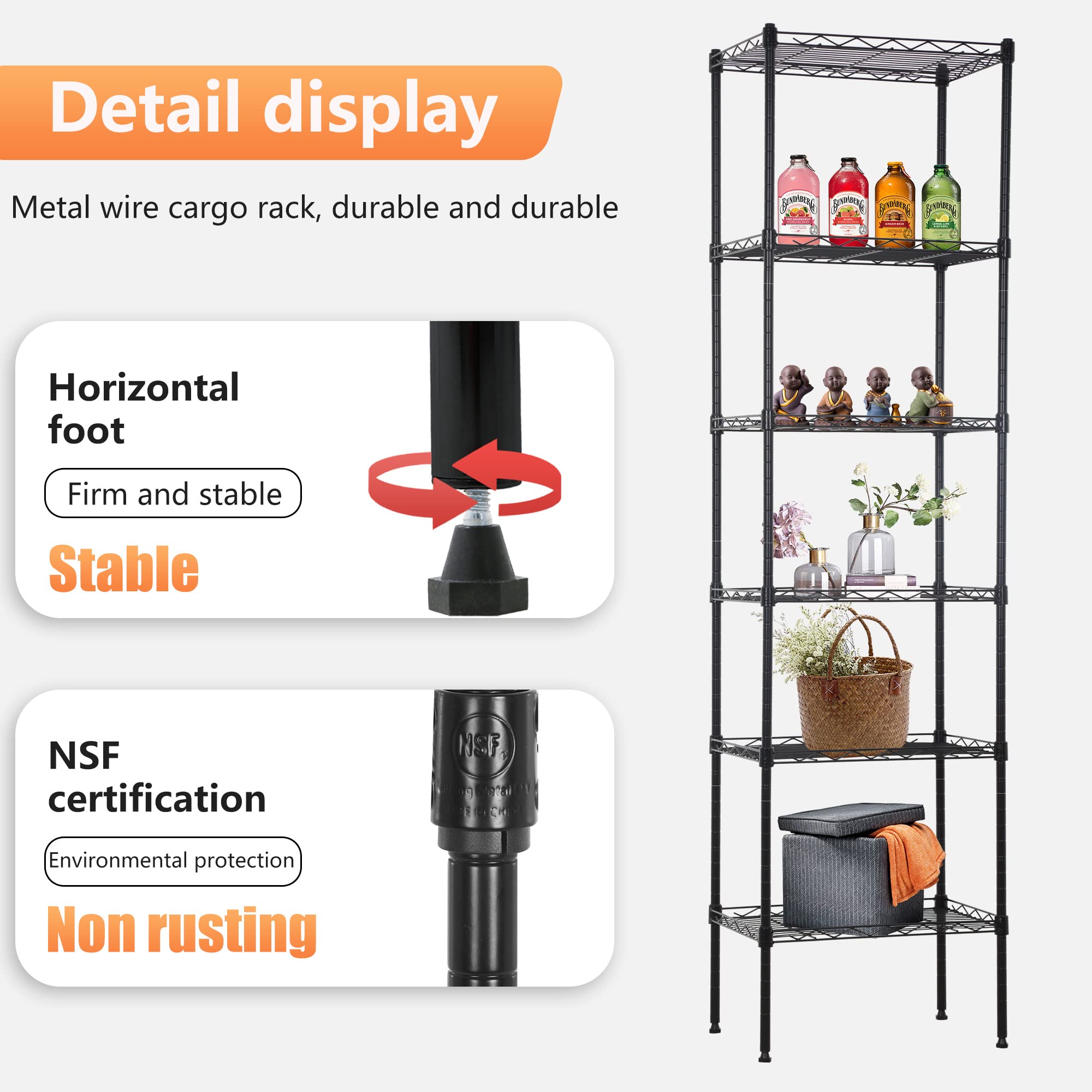 FDW 6 Tier Wire Shelving 17L x 12W x 64H Pantry Shelves Storage Rack Shelving Units Adjustable Metal Shelves for Kitchen Commercial Garage Small Places,Black