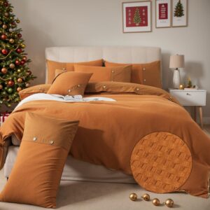 fadfay burnt orange duvet cove set king/cal king cotton waffle weave bedding zipper comforter cover reversible luxury textured terracotta bedding embellished button soft breathable all season 3pcs