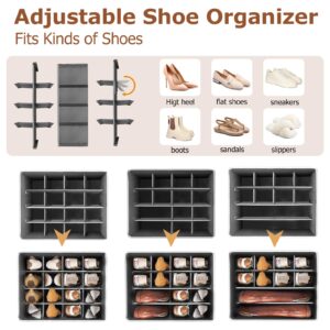 PENGLONG Adjustable Storage Bins for Closet, 16Pairs Wardrobe Clothes Organizer, Shoe Bin, Shoe Organizer, Closet Storage Solution with Clear Window (16PairsDarkGrey)