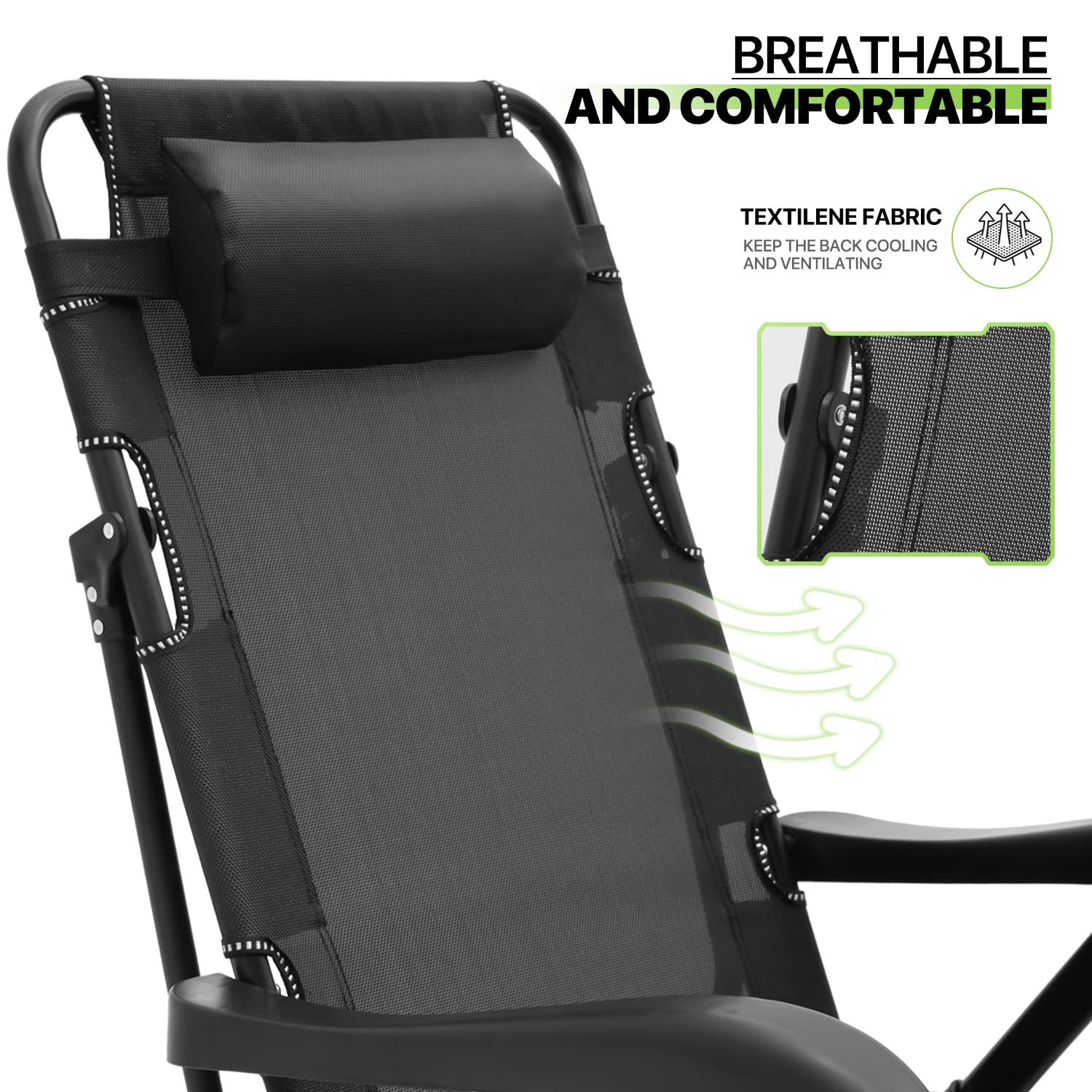 Magshion Folding Reclining Patio Chairs, Adjustable Folding Reclining Lounge Chair with Additional Support Bar and Headrest Patio Lawn Recliner for Outdoor Pool Camp Yard, 300 lbs (Black)