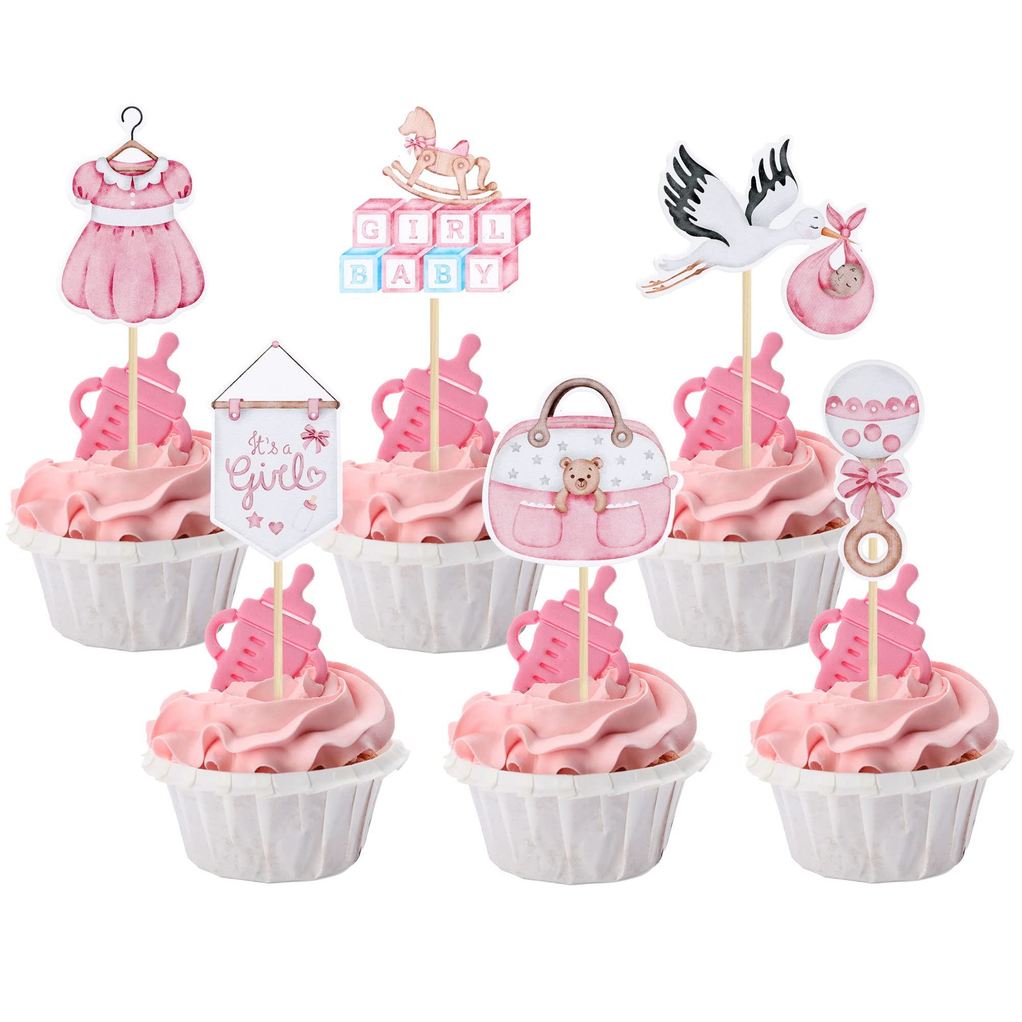 Gyufise 36Pcs Baby Shower Girl Cupcake Toppers Swan Pacifier Cloud Moon Star Baby Girl Cupcake Picks Oh Baby It's a Girl Cake Decorations for Baby Shower Kids Girls Birthday Party Supplies Pink