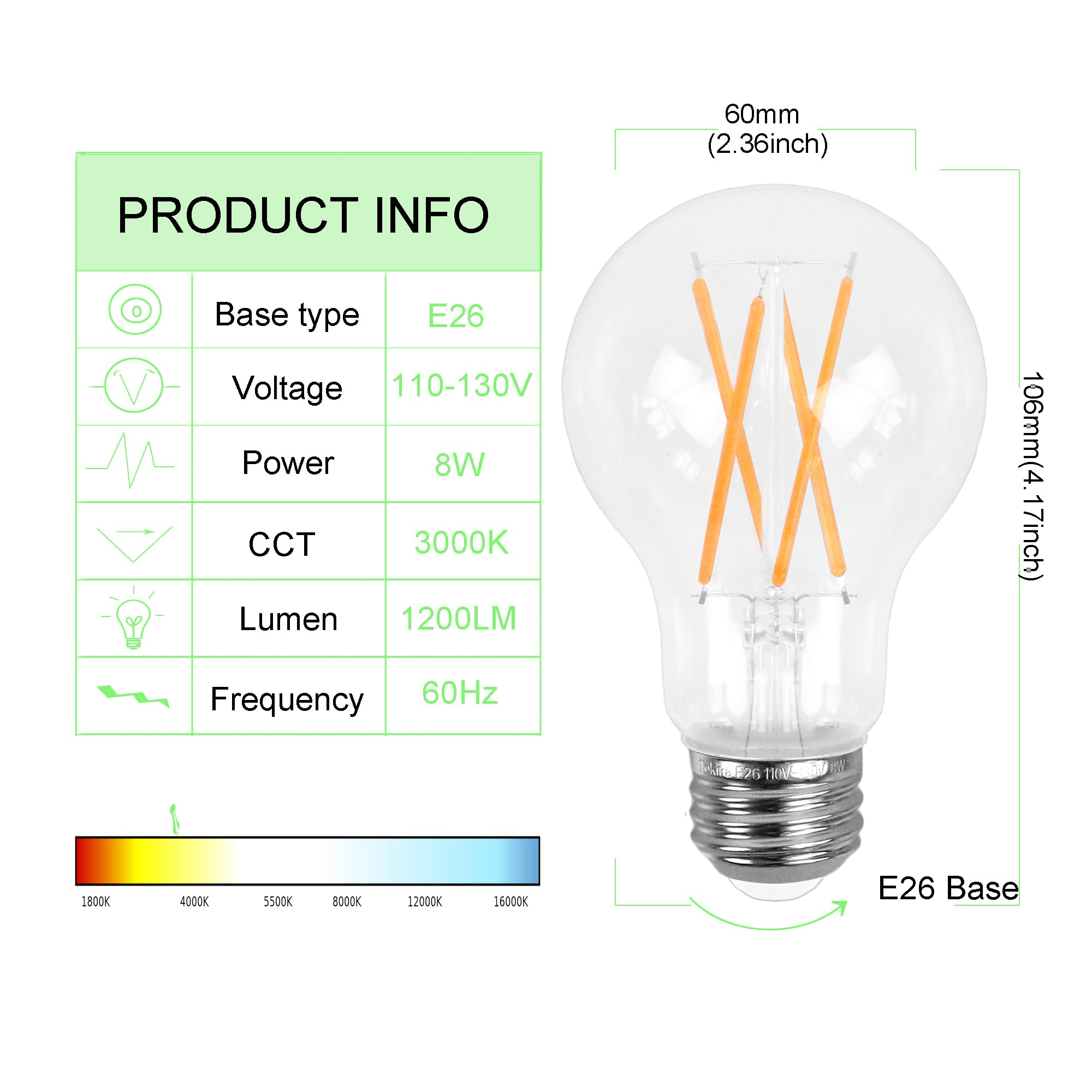 Tokira Retro LED Edison Bulb, E26 8W, Equivalent to 60W, 3000K, Dimmable, Filament Bulb,1200 Lumens, High Brightness Warm White, Transparent Glass, 2 Sets