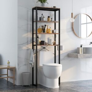 Giantex Over The Toilet Storage Rack, 4-Tier Wooden Bathroom Space Saver w/Metal Frame & 2 Hooks, Freestanding Above Toilet Storage Shelf w/Adjustable Feet, Black + Rustic Brown