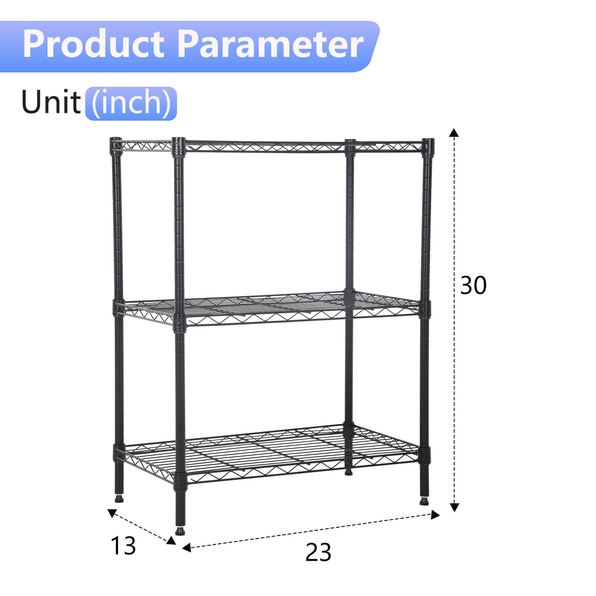 FDW Wire Shelving Units Adjustable Metal Storage Rack 23D x 13W x 30H 3 Tier Pantry Shelves NSF Kitchen Shelf for Kitchen Garage Commercial Small Places,Black