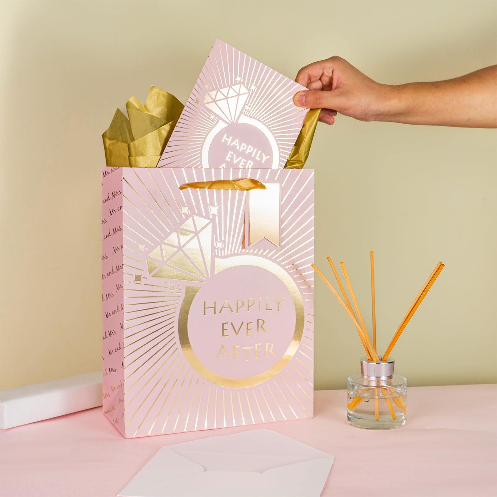 Loveinside Wedding Gift Bag with Tissue Paper, Gift Tag and Greeting Card for Wedding, Birthday, Party, and More - 10" x 5" x 13", 1 Pcs, Wedding Ring Pink