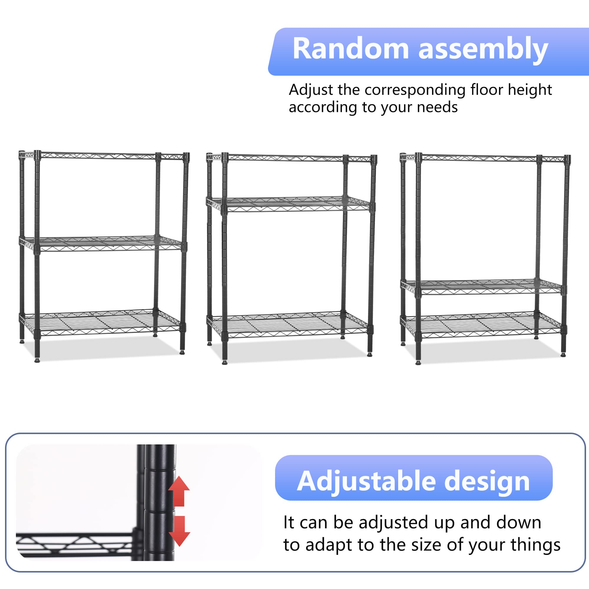 FDW Wire Shelving Units Adjustable Metal Storage Rack 23D x 13W x 30H 3 Tier Pantry Shelves NSF Kitchen Shelf for Kitchen Garage Commercial Small Places,Black