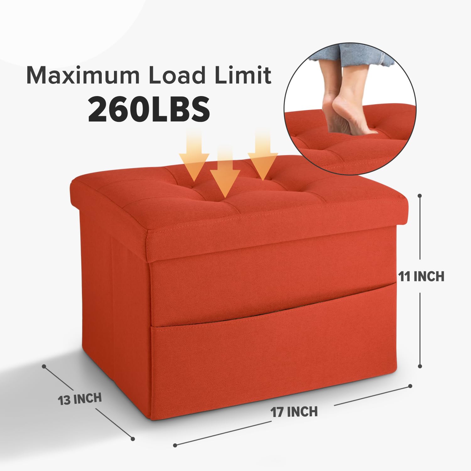 LINMAGCO Storage Ottoman Folding Foot Stool Ottoman Foot Rest with Side Pocket Modern Ottoman with Storage Short Sofa Stool Linen Cloth 17x13x13(Orange)