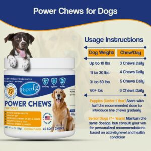 Power Chews for Dogs - Chicken Flavor, IgY Hyperimmune Protein for Immune System Health, Joint Support, Stress & Anxiety Relief, and Healthy Skin & Coat – 45 Soft Chews, 113g - 4 Cans (4 Canister)