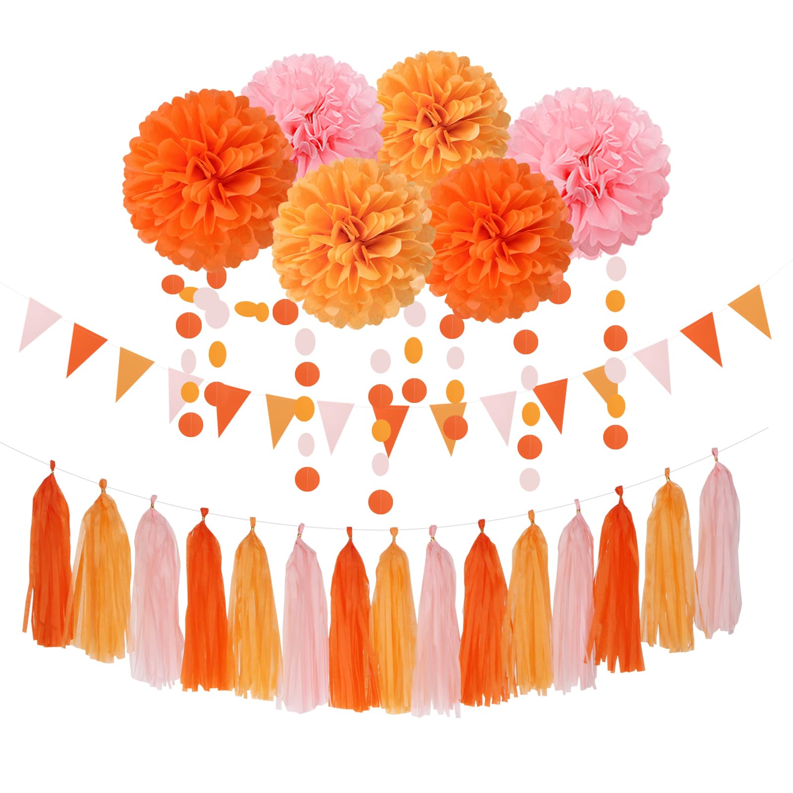 Pink-Orange Groovy Party-Decorations Pom-Poms Streamers - 23pcs Fall Autumn Thanksgiving Harvest Tissue Tassel Garland Banner,Birthday Baby Bridal Shower Engagement Wedding Decor Lasting Surprise