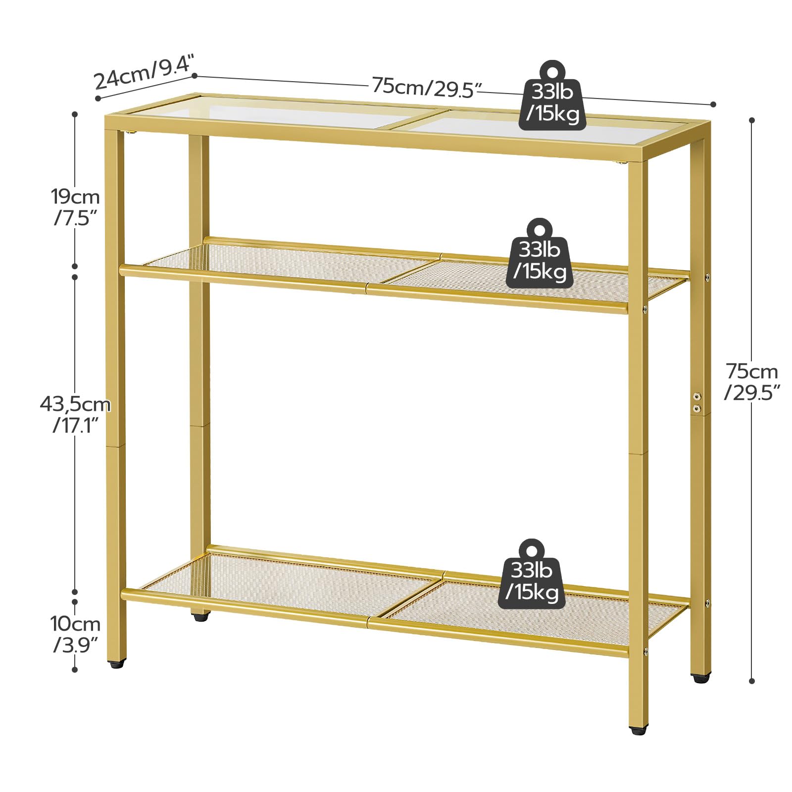 HOOBRO 29.5" Narrow Console Table, 3-Tier Tempered Glass Sofa Table, Small Side Table, Modern Entryway Table, for Entrance, Living Room, Foyer, Hallway Bedroom, Gold GD21XG01G1