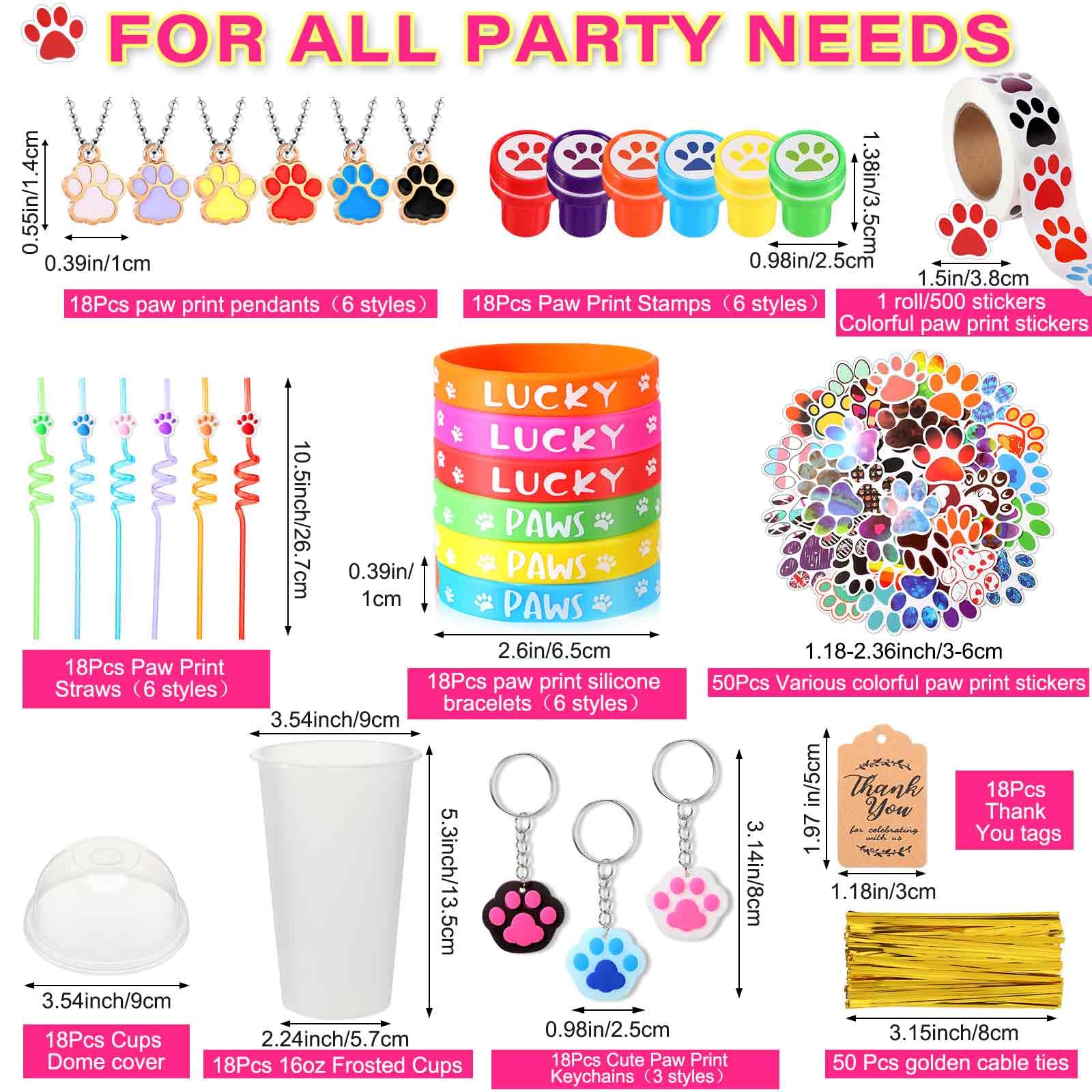 Gejoy 178 Pcs Dog Paw Party Favors Set Includes Paw Straws Cups Silicone Bracelet Keychain Stamper Sticker Pendant Chain Thank You Tag for Boy Girl Dog Paw Theme Party Supplies (Paw)