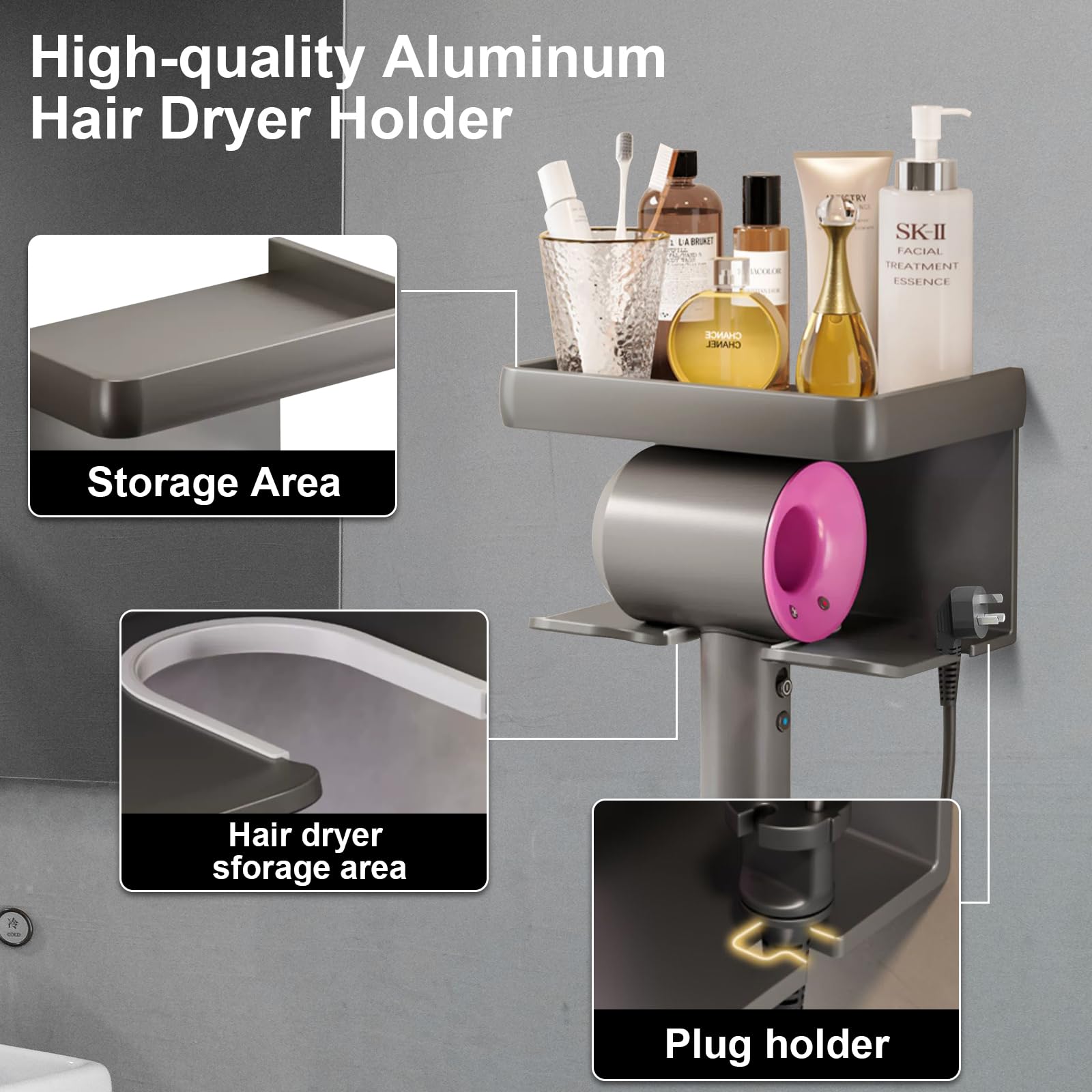 Hair Dryer Holder, Hair Dryer Holder Wall Mount with Storage Platform and Wire Hook Stand for Different Size Hair Blow Dryers, Hair Styling Care Tool Organizer for Bathroom