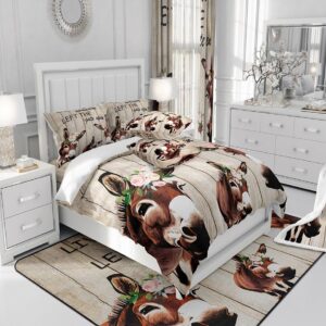 Manfei Kids Donkey Duvet Cover Set Twin Size, Floral Animal Theme Comforter Cover with 1 Pillowcase, Rustic Farmhouse Bedding Set 2pcs for Boys Girls Bedroom Decor Grey Wooden Board Bedspread Cover