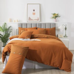 FADFAY Burnt Orange Duvet Cove Set King/Cal King Cotton Waffle Weave Bedding Zipper Comforter Cover Reversible Luxury Textured Terracotta Bedding Embellished Button Soft Breathable All Season 3Pcs