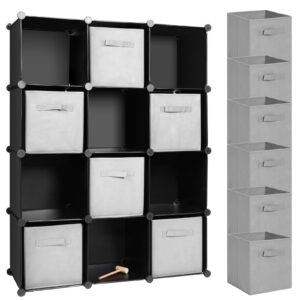 roshtia 12 cube storage organizer and 12 collapsible fabric storage cube bins, closet organizer and storage shelf diy plastic modular bookcase bookshelf bedroom garment racks home office, black, gray