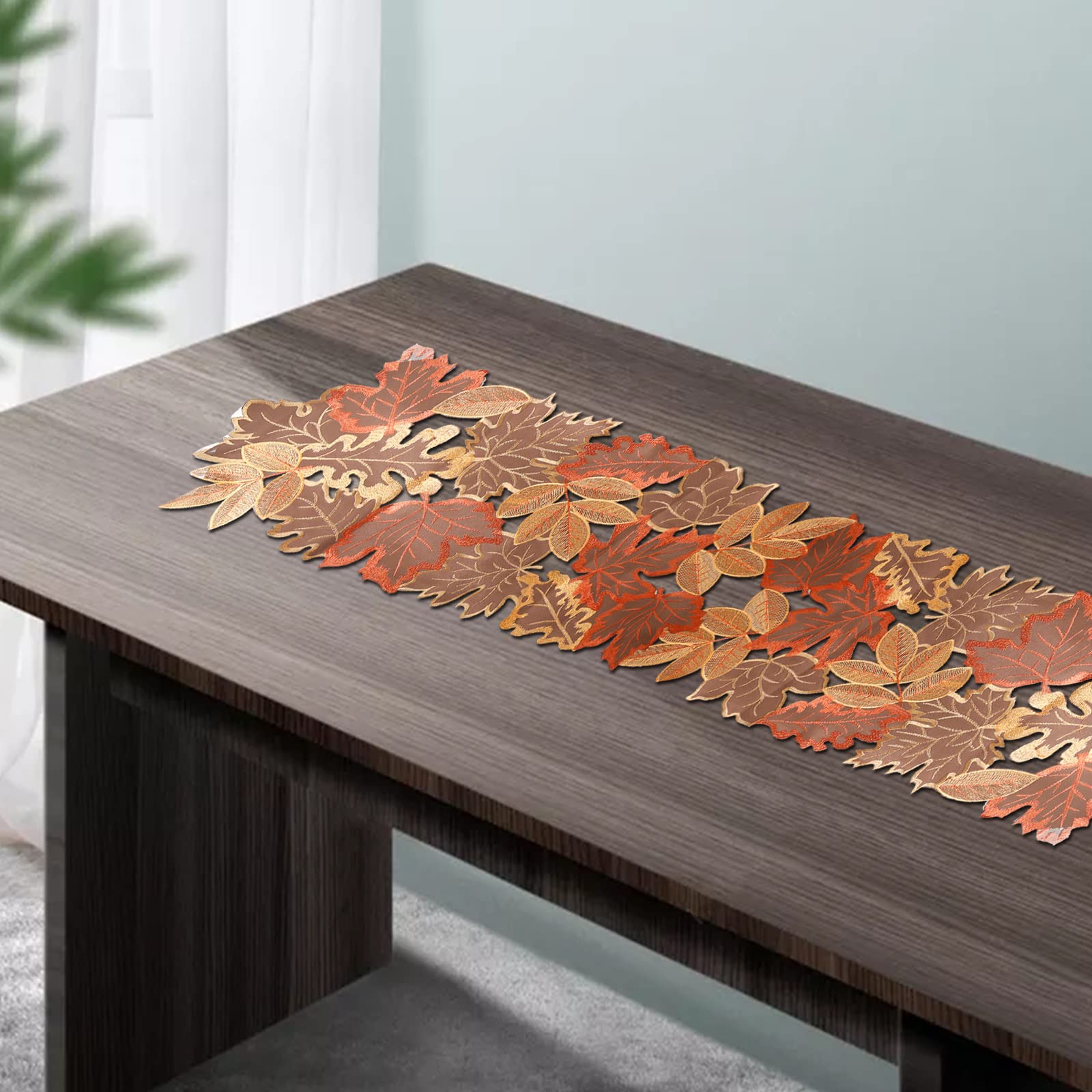 Fall Harvest Table Runner 13"x70", Cutwork Applique Embroidered Leaves Table Runner Maple Leaves Table Runner for Home Kitchen Decoration Table Runner for Halloween Thanksgiving Christmas