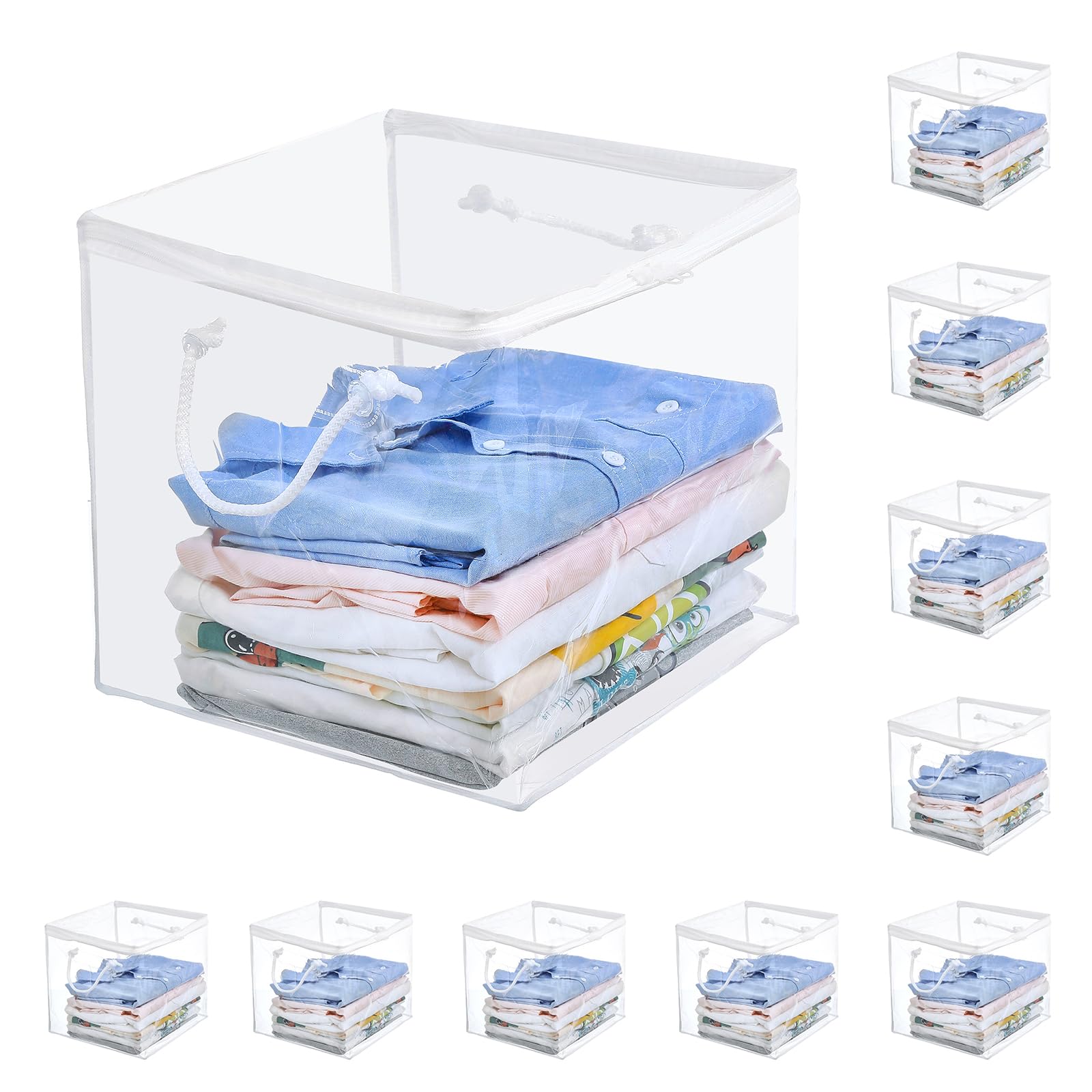 Remittur 10 PCS Clear Zippered Storage Bags with Handles,Sweater Storage with Two-Way Zipper,Foldable Closet Organizer Bed Sheet Organizer,Cube Plastic Storage Organizer,Bag,Bin for Clothes,Towel