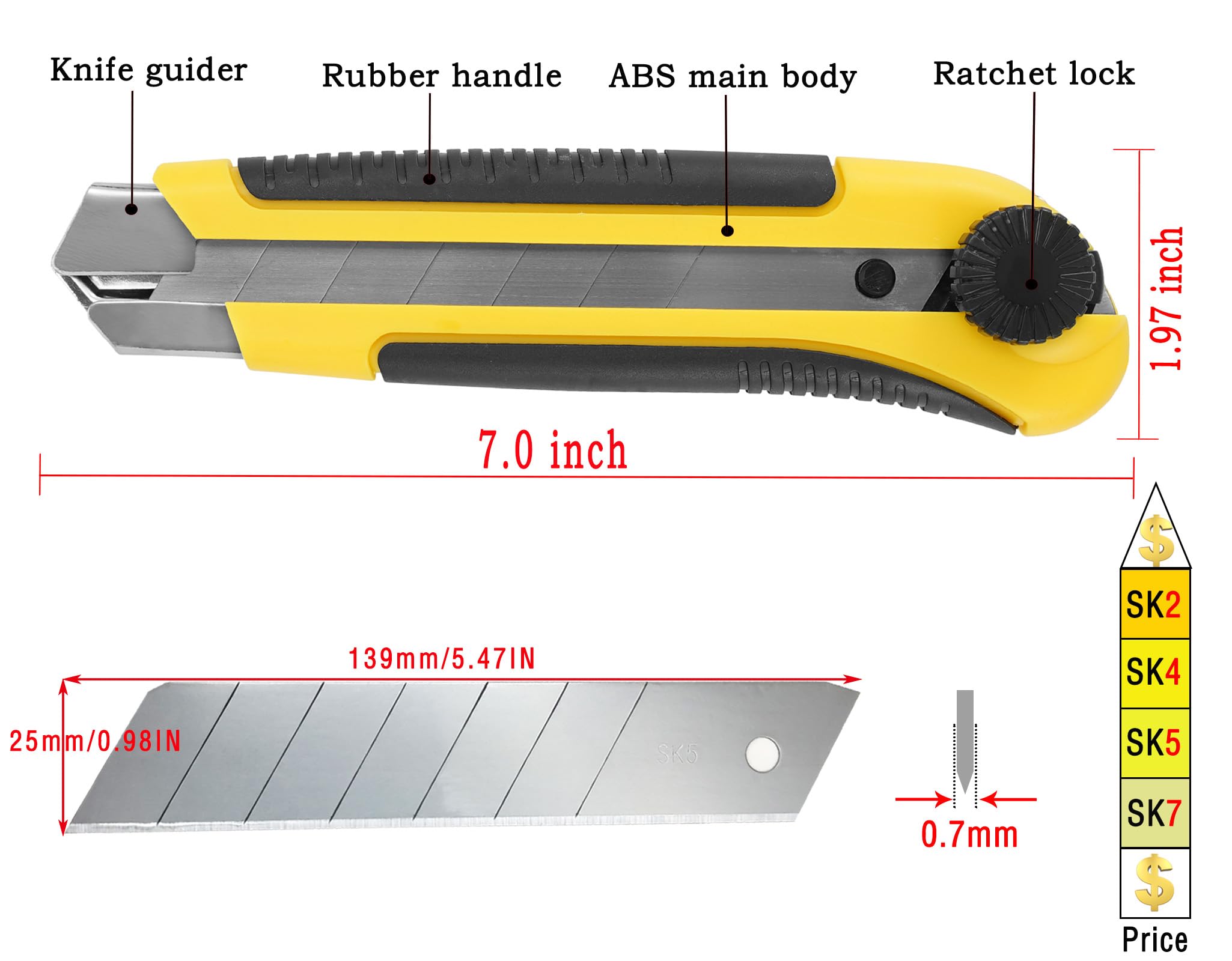 FeiLyKi 25mm 3-Pack Box Cutter Construction knife Heavy Duty Utility Knife Exacto knife,Retractable 10 SK5 Snap Off Blades-2063