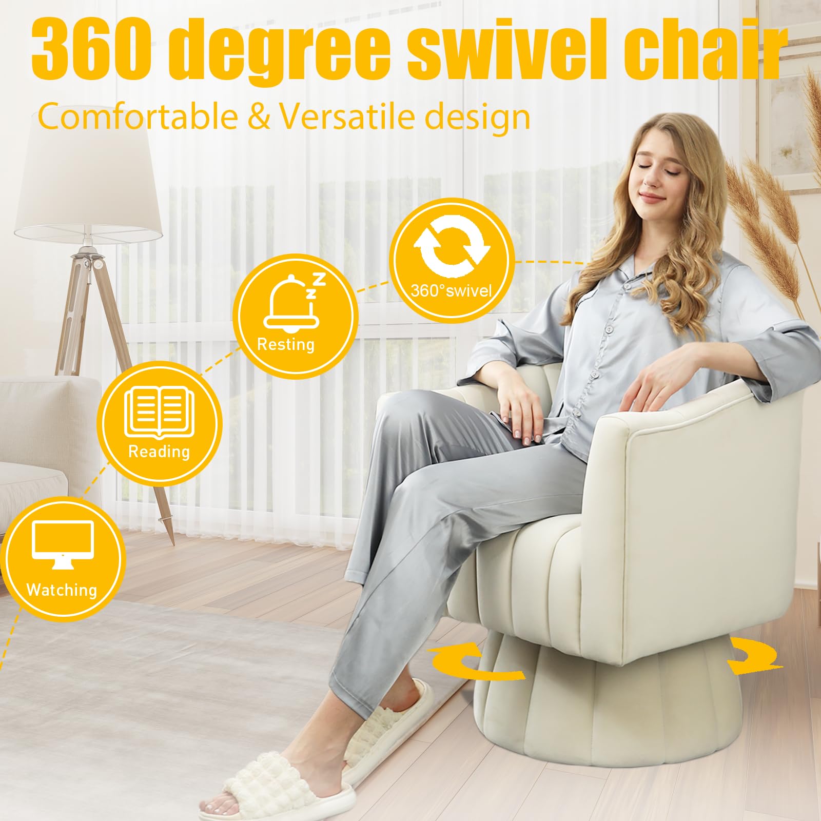 Accent Chair Mid Century 360 Degree Swivel Chair,Modern Lounge Sofa Round Barrel Chair with Wide Upholstered,Fluffy Velvet Fabric Chairs for Home Sofa Living Room/Bedroom/Waiting Room (Beige)