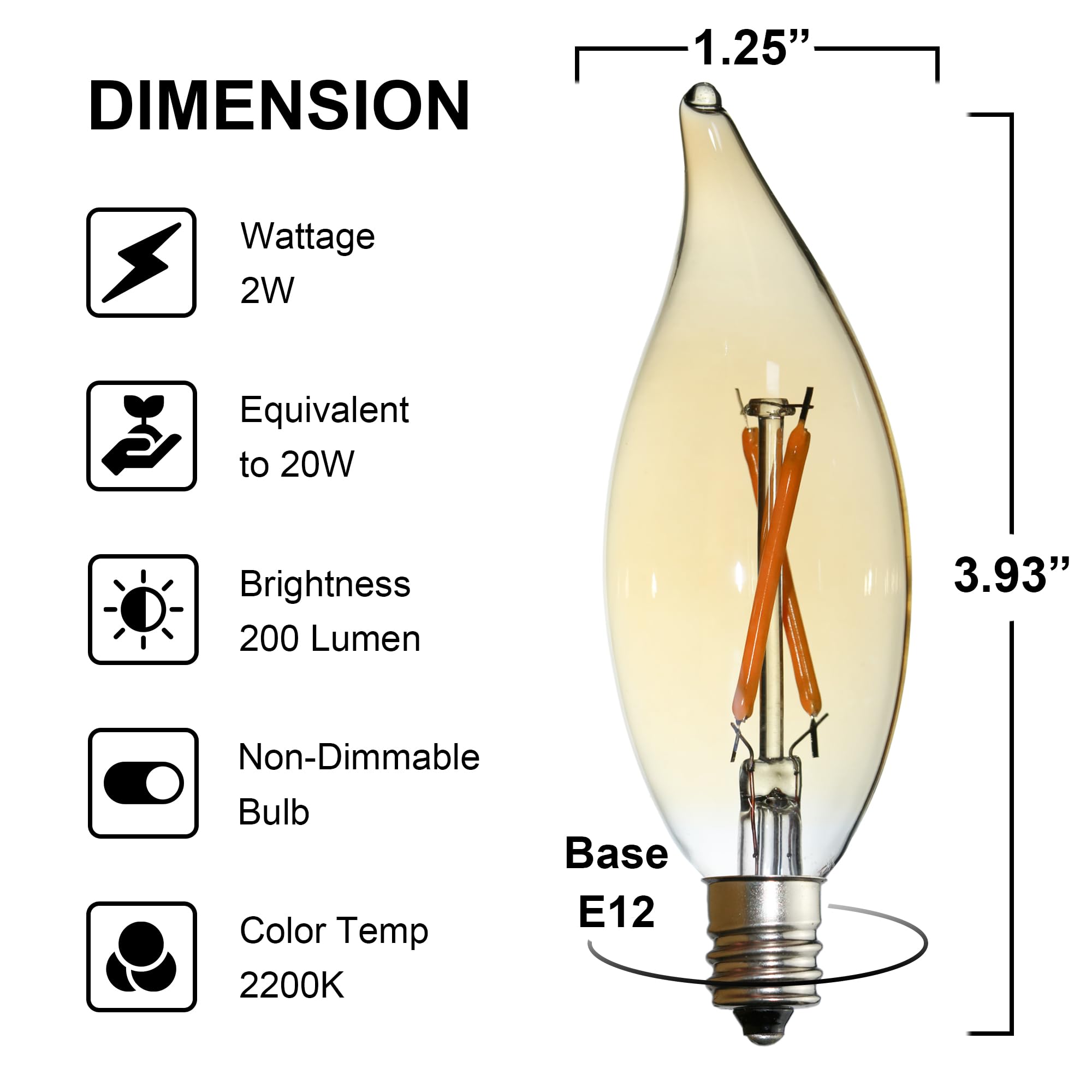 FANNIS 6 Pack C32 Replacement Flame Tip LED Bulb, 2W Equals 20W, Warm 2200K Filament Edison Bulb, E12 Base Vintage Amber Glass Candle Light Bulb for Pendant Chandelier Ceiling Fan Candelabra Light