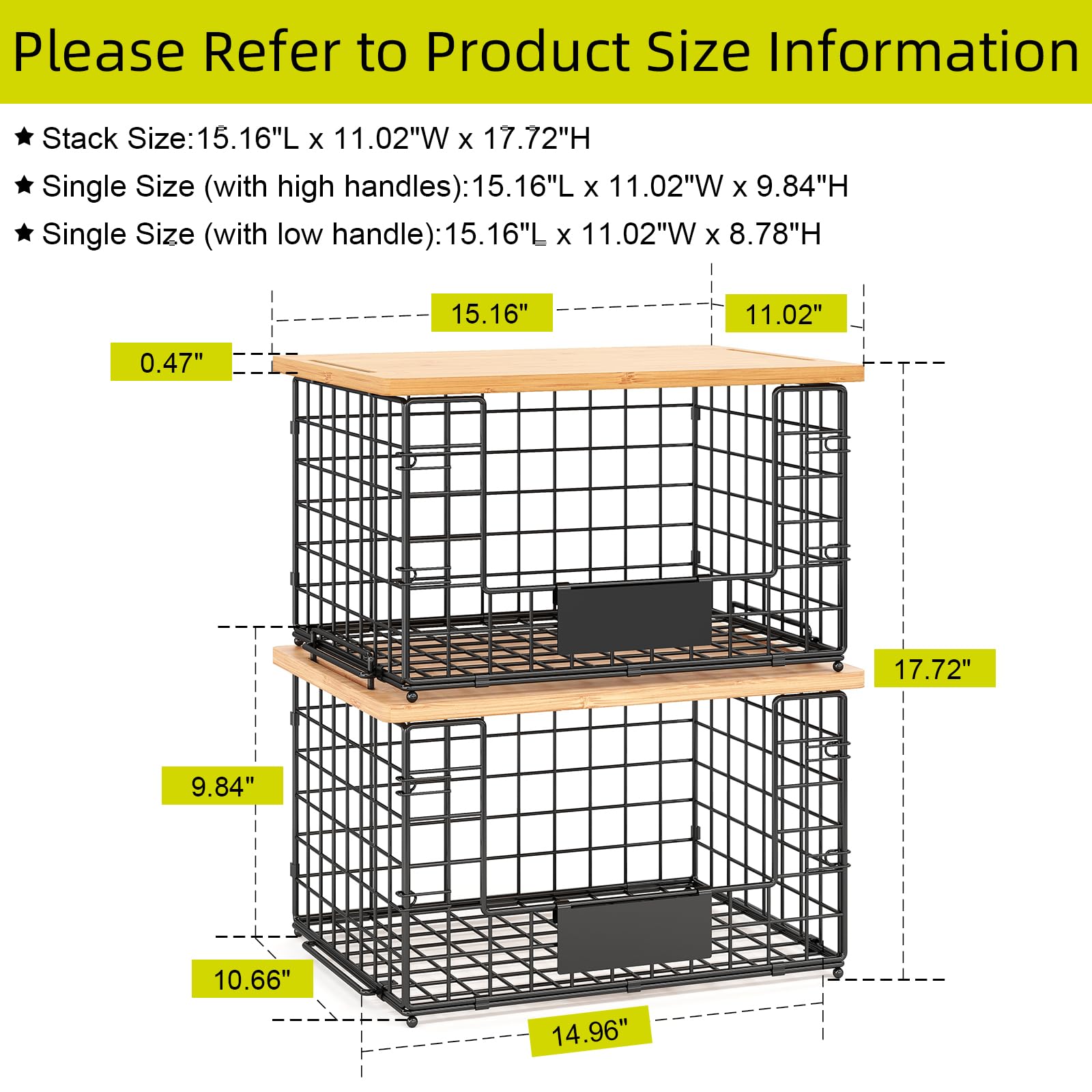 2 Pack XXL Stackable Wire Baskets with Bamboo Top for Pantry Organizers and Storage, Kitchen Organization Counter Basket for Fruit, Vegetable, Produce, Bread, Potato and Onion Storage Bins