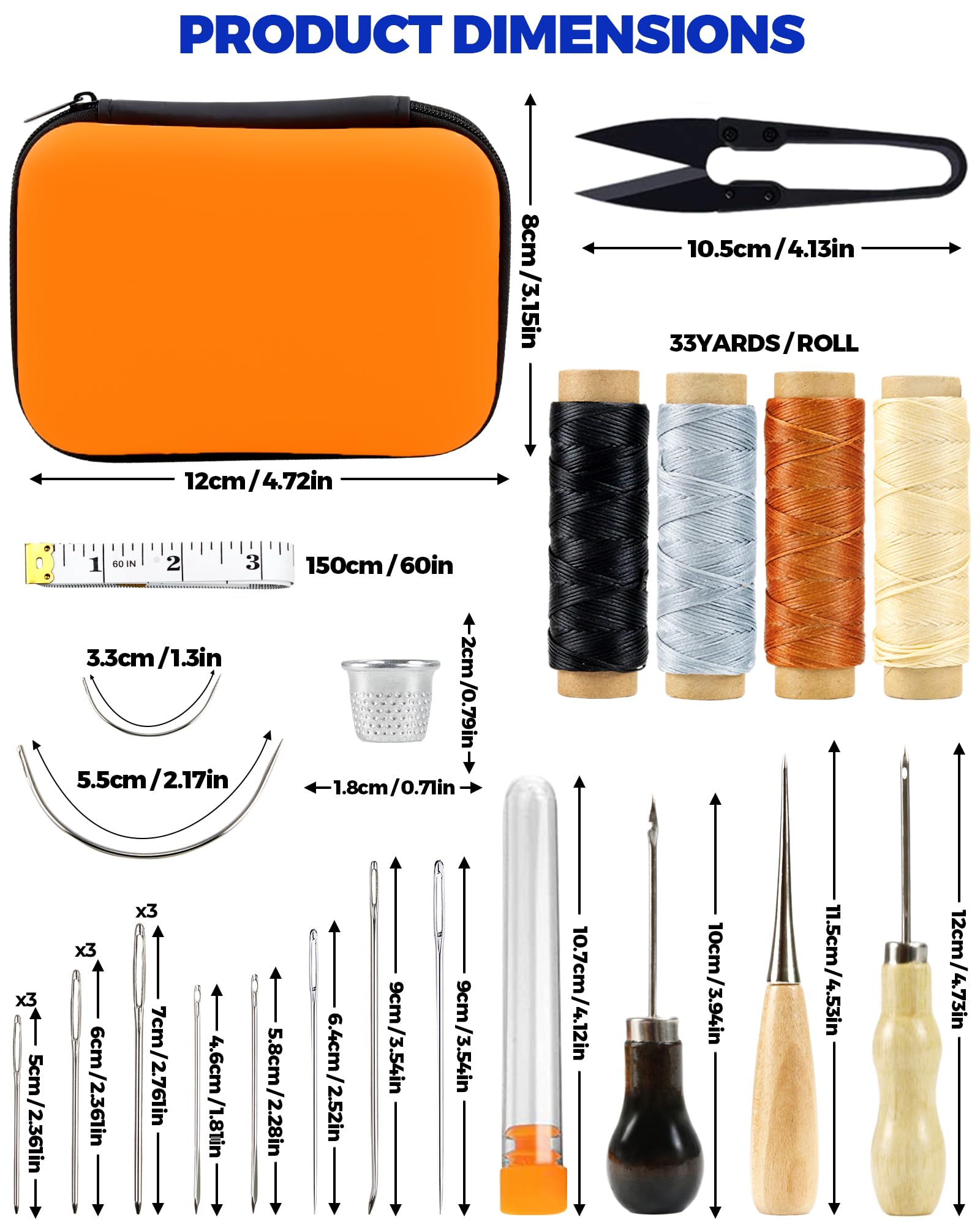 PLANTIONAL Leather Repair Sewing Kit: 31pcs Leather Working Tools with Pro Waxed Thread, Large Eye Hand Sewing Needles, 3 Versatile Awl, Heavy Duty Sewing Kit for Car, Upholstery, Vinyl, Canvas 02