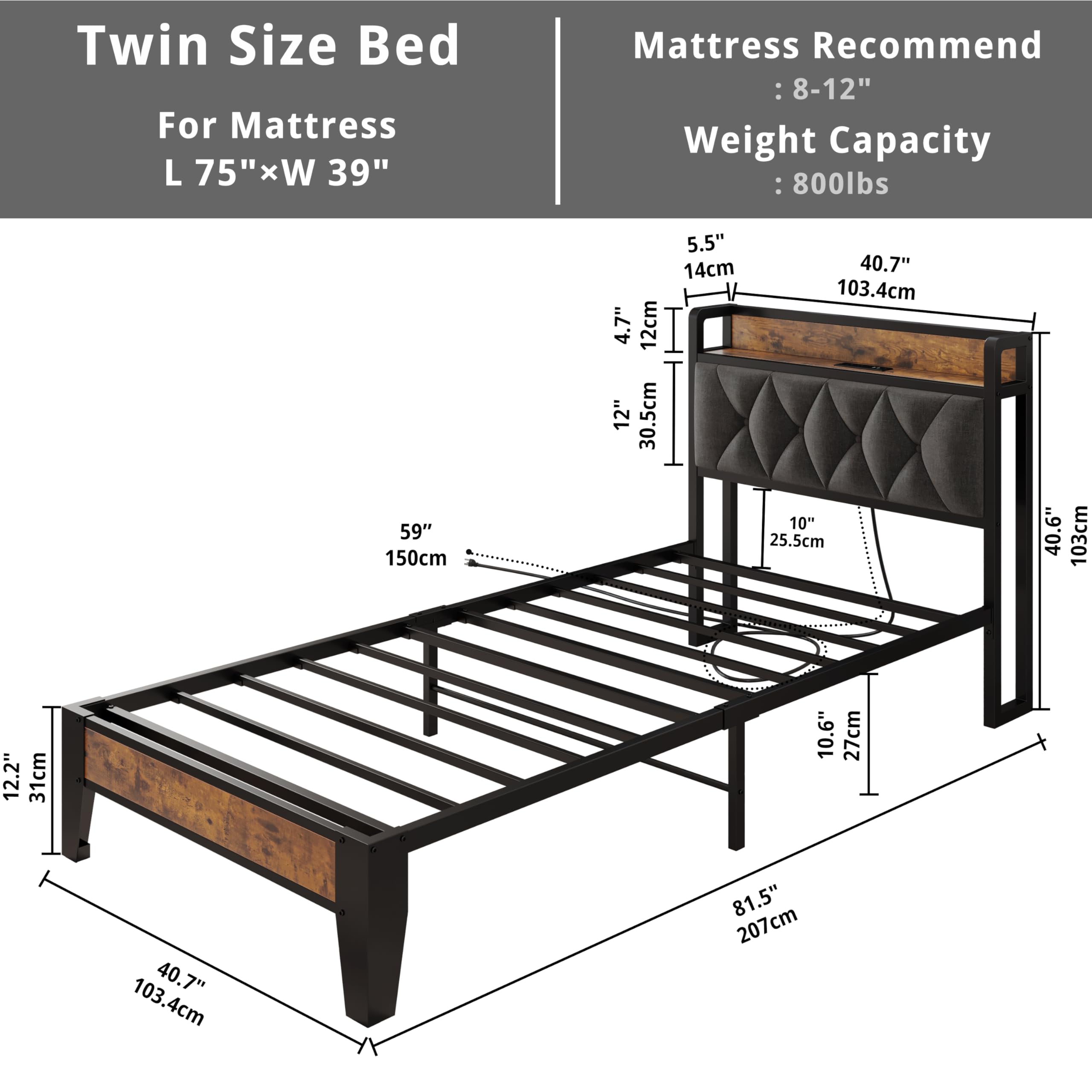 ANCTOR Twin Bed Frames, Storage Headboard with Outlets, Easy to Install, Sturdy and Stable, No Noise, No Box Springs Needed - Perfect for a Good Night's Sleep