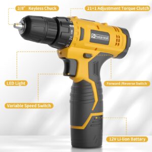 FADAKWALT Cordless Drill Set,12V Power Drill Set with Battery and Charger, Electric Drill Driver/Drill Bits, 3/8'' Keyless Chuck,21+1 Torque Setting, 180 inch-lbs, with LED Electric Drill Set (Yellow)