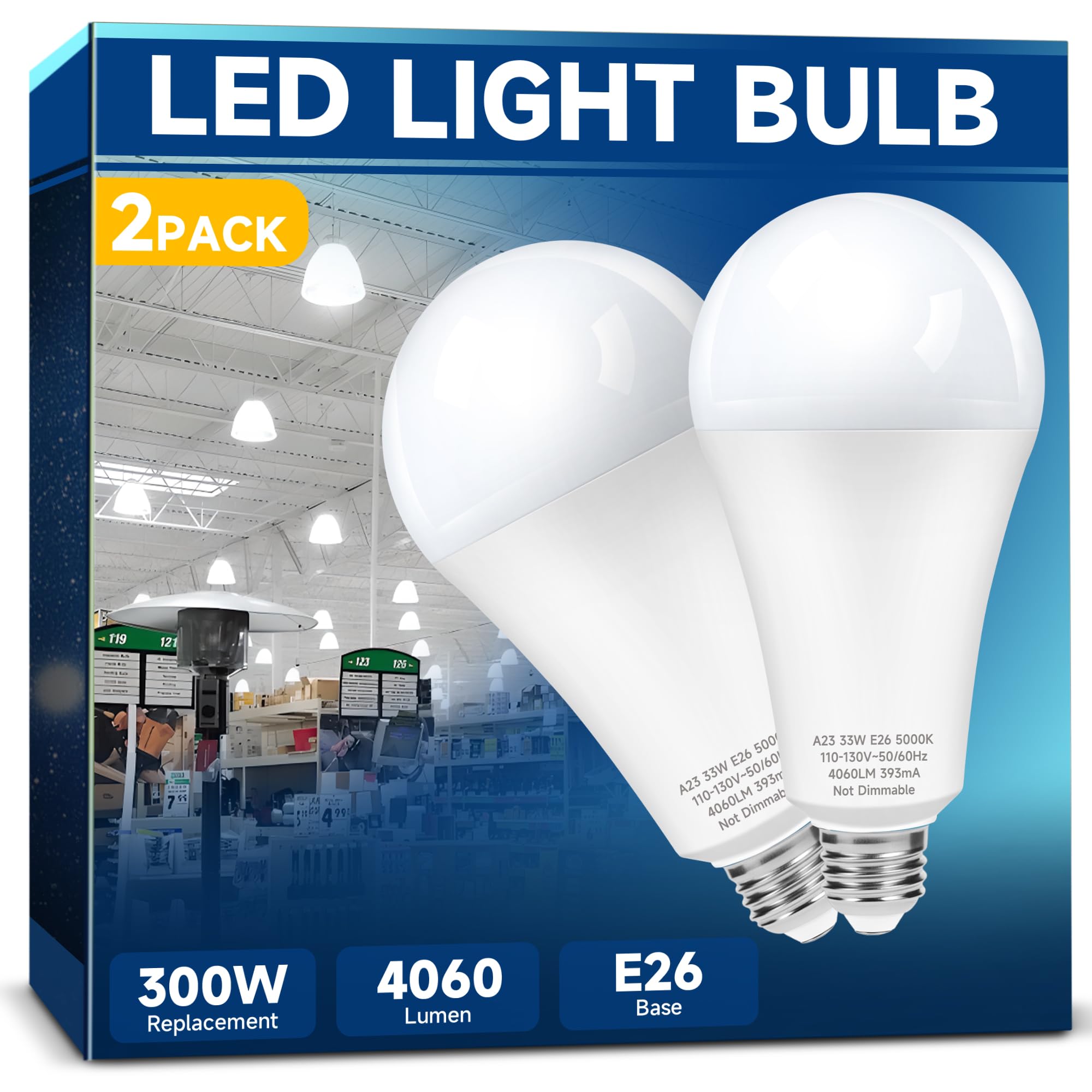 300W Equivalent LED Light Bulb, Super Bright 4060 Lumen 5000k Cool Daylight White A23 E26 Medium Base 33 Watt LED Bulb for Garage Warehouse Workshop Backyard Patio Street Supermarket, 2-Pack