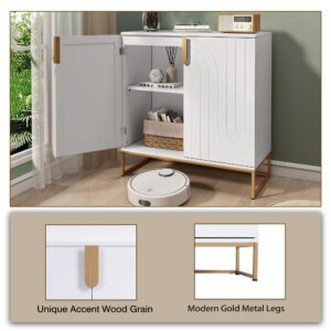 HLR Accent Wood Grain Cabinet with 2 Doors, Storage Cabinet Sideboard with Gold Metal Legs for Living Room,Entryway and Kitchen Dining Room, White