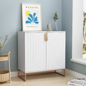 HLR Accent Wood Grain Cabinet with 2 Doors, Storage Cabinet Sideboard with Gold Metal Legs for Living Room,Entryway and Kitchen Dining Room, White