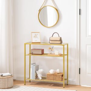 HOOBRO 29.5" Narrow Console Table, 3-Tier Tempered Glass Sofa Table, Small Side Table, Modern Entryway Table, for Entrance, Living Room, Foyer, Hallway Bedroom, Gold GD21XG01G1