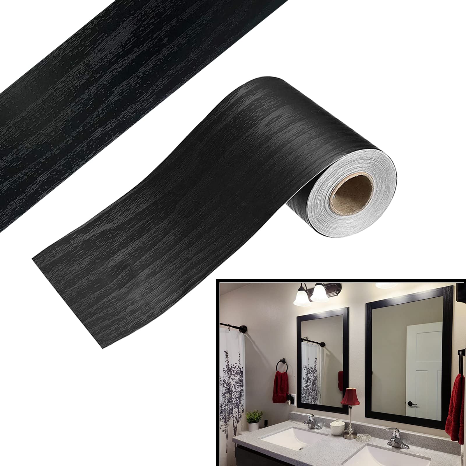 Simplemiuji Black Wood Grain 3D 10M Wallpaper Border Peel & Stick PVC Wall Covering Kitchen Bathroom Bedroom Tiles Decor Sticker,4 Inch by 32.8 Feet