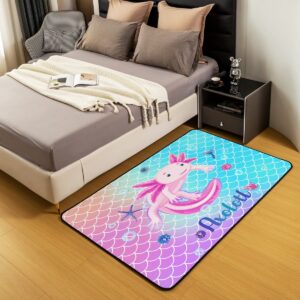 Axolotl Area Rug 5x7 for Bedroom Living Room, Kawaii Rainbow Axolotl Washable Rug, Gradient Fish Scales Carpet Runner Non Slip, Girls Ocean Life Starfish Decorative Accent Rug, Non Shedding