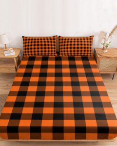 farmhouse orange black buffalo plaid fitted bed sheets full size fit 5-16inch deep pockets,luxury bottom sheet bedding set with pillow case,gingham lattice fitted sheet for mattress