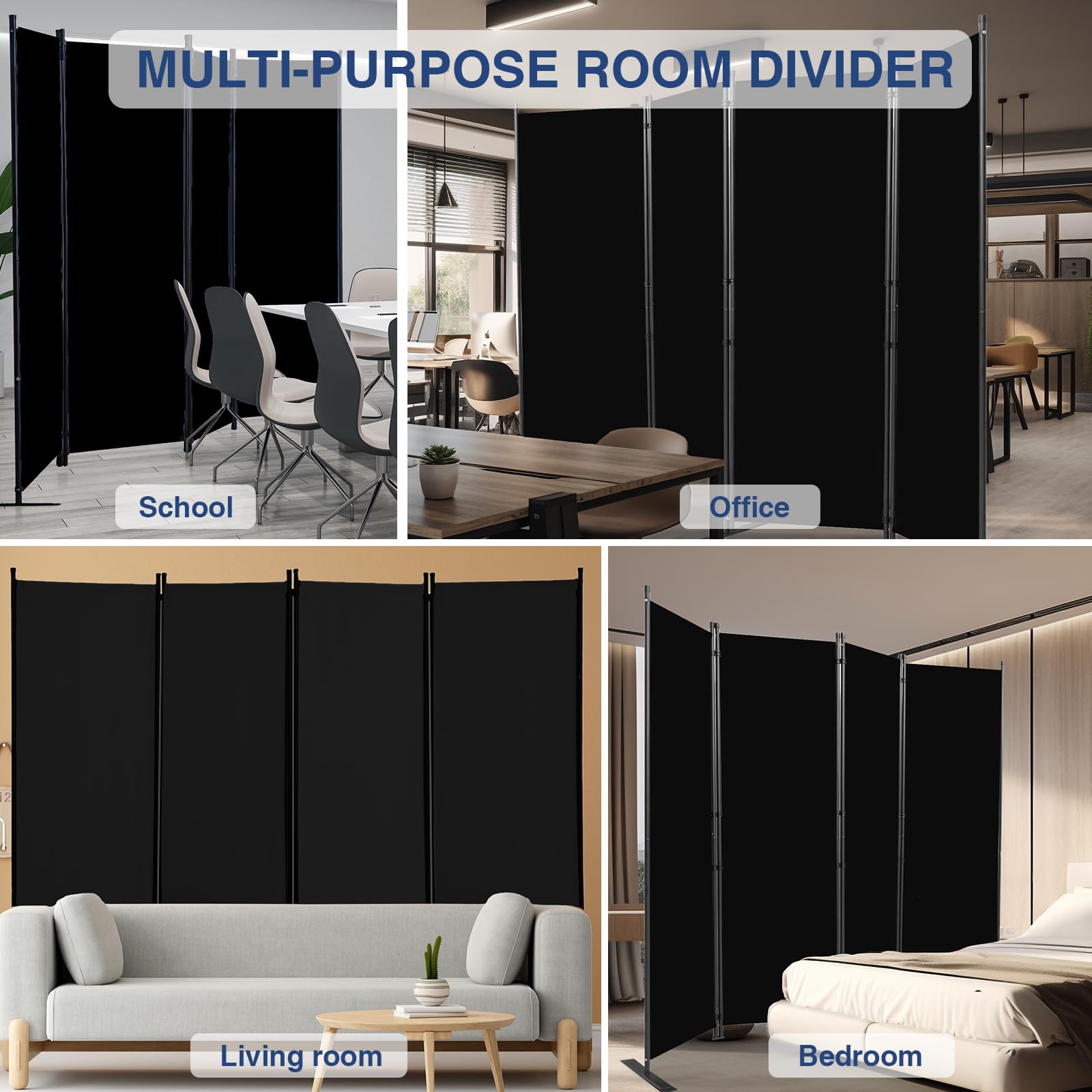 4 Panel Folding Privacy Screens, Folding Privacy Screen for Office, Partition Room Separators, Freestanding Room Fabric Panel (Black)