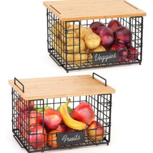 2 Pack XXL Stackable Wire Baskets with Bamboo Top for Pantry Organizers and Storage, Kitchen Organization Counter Basket for Fruit, Vegetable, Produce, Bread, Potato and Onion Storage Bins