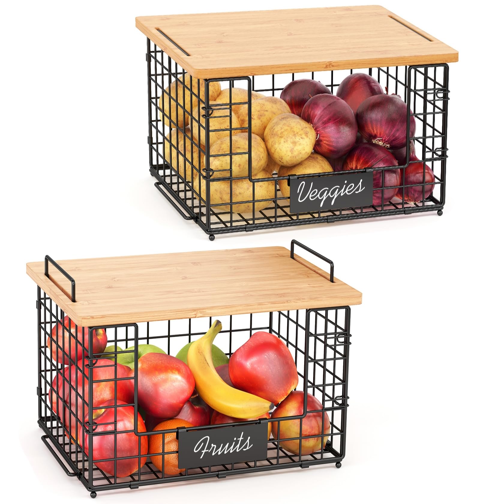 2 Pack XXL Stackable Wire Baskets with Bamboo Top for Pantry Organizers and Storage, Kitchen Organization Counter Basket for Fruit, Vegetable, Produce, Bread, Potato and Onion Storage Bins